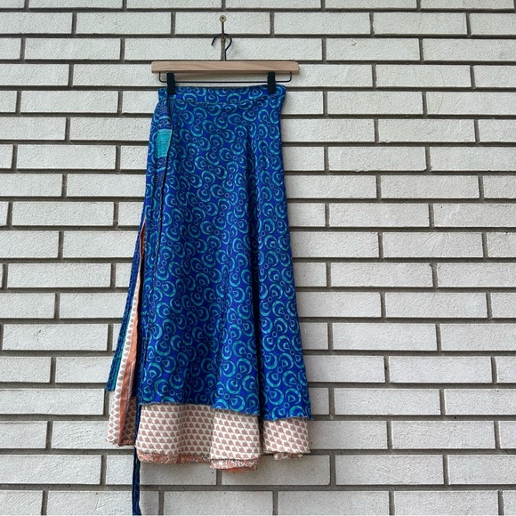 Dresses & Skirts - Boho Reversible Silk Wrap Skirt Blue & Peach Print – Made in India One Size